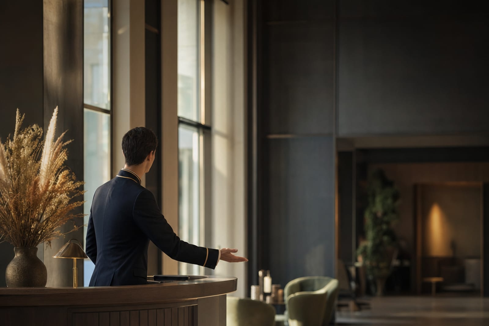 A concierge in a navy uniform welcoming a guest across a hotel lobby desk in late afternoon light.