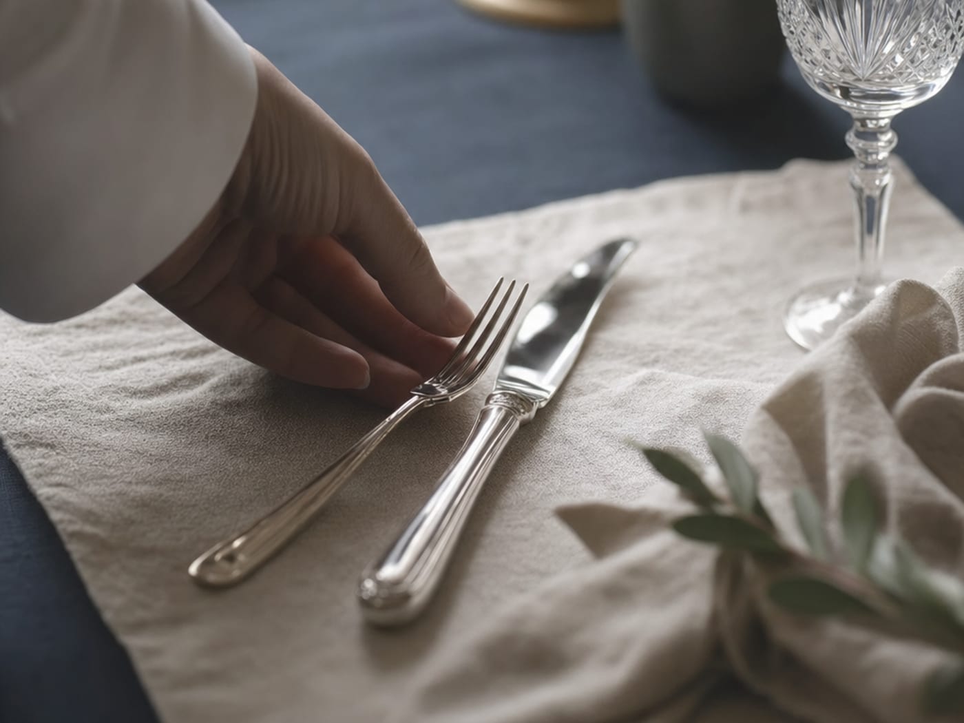 A hand adjusting silverware on a finished restaurant place setting.